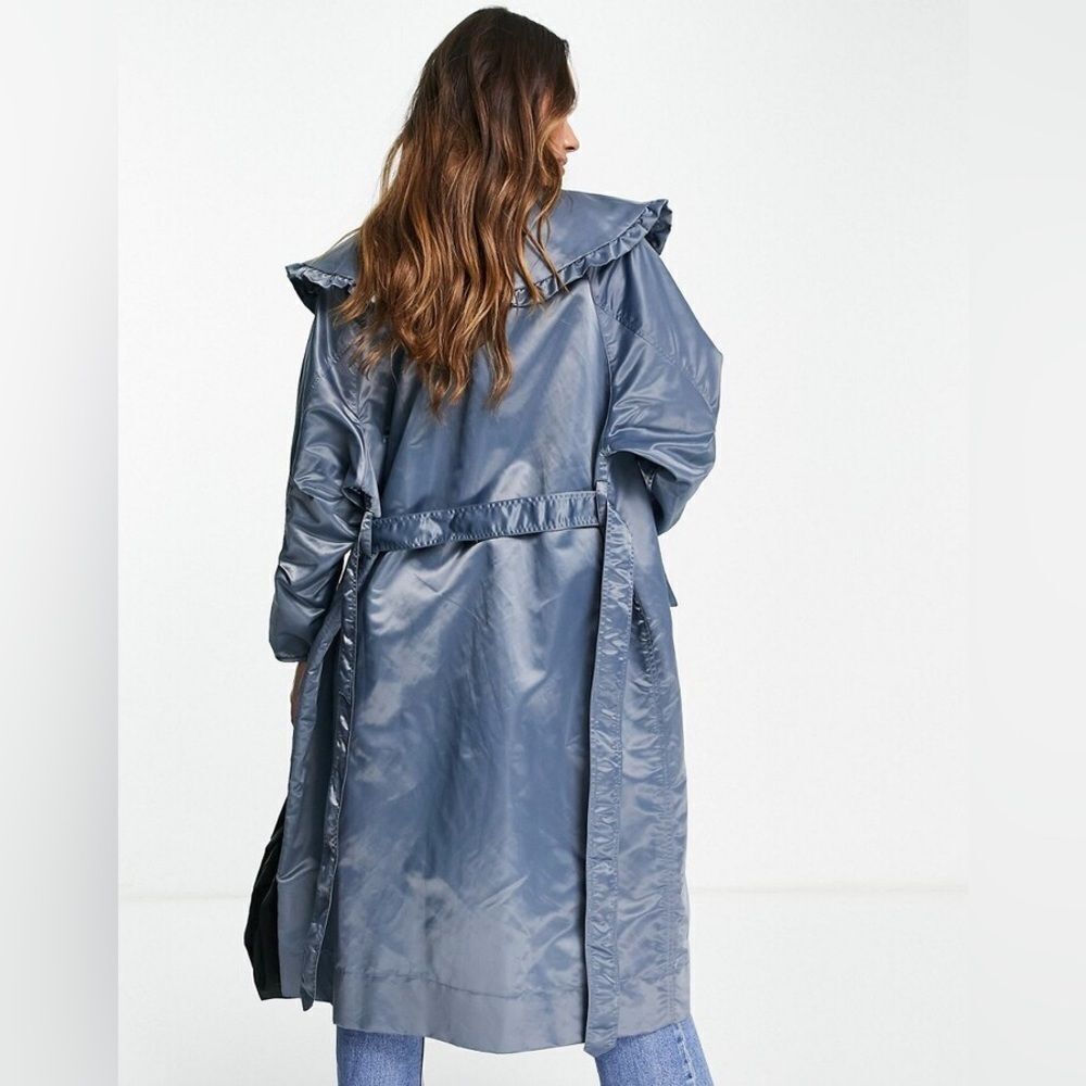 NWT GOSPELL Oversized Longline Coat Blue Satin Finish Chic Minimalist Luxury - Picture 5 of 7